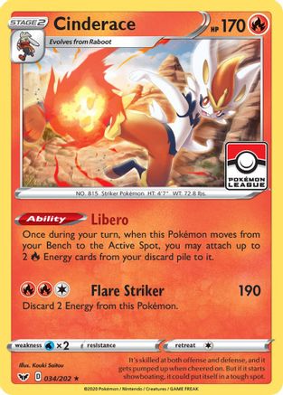 Cinderace (Pokemon League) (34/202) - League & Championship Cards Reverse Holofoil