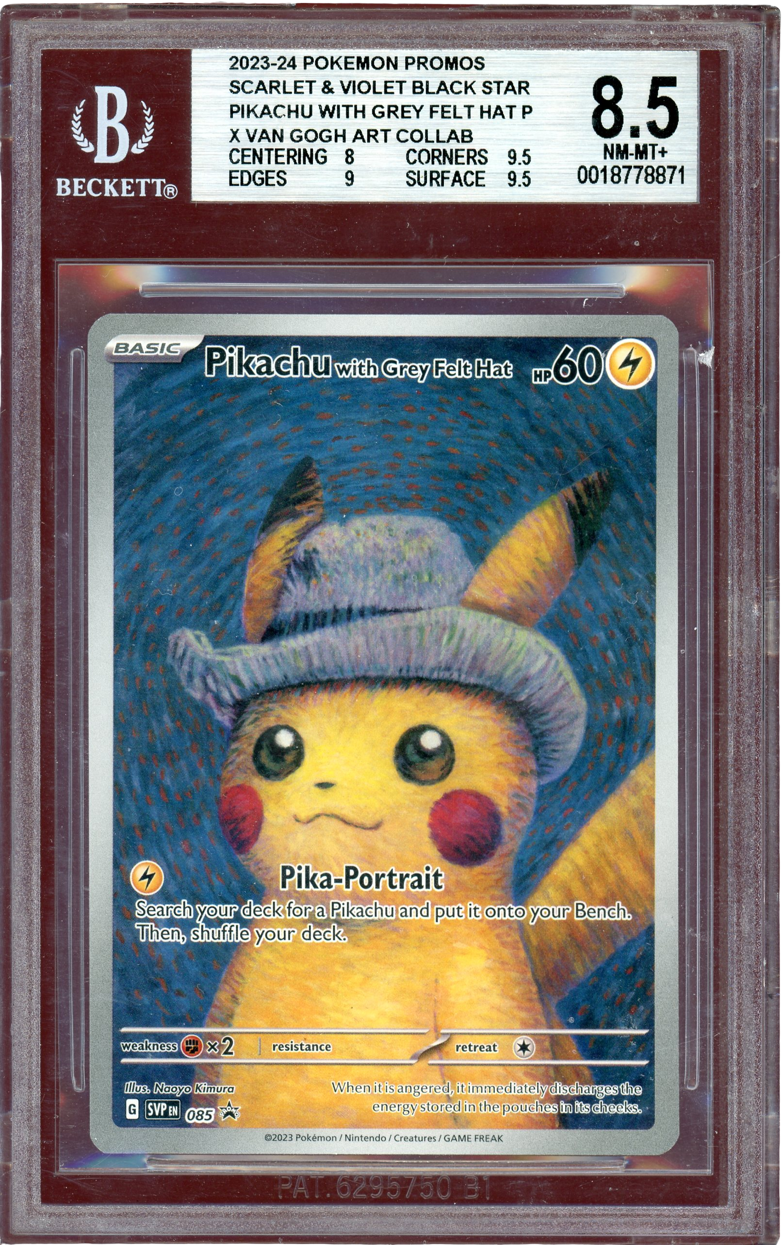 BGS 8.5 PIKACHU WITH GREY FELT HAT X VAN GOGH ART COLLAB