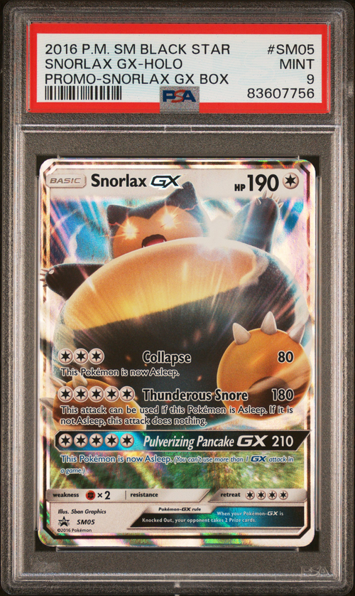 pokemon card value identifier PSA 9 SNORLAX GX-HOLO PROMO-SNORLAX GX BOX
