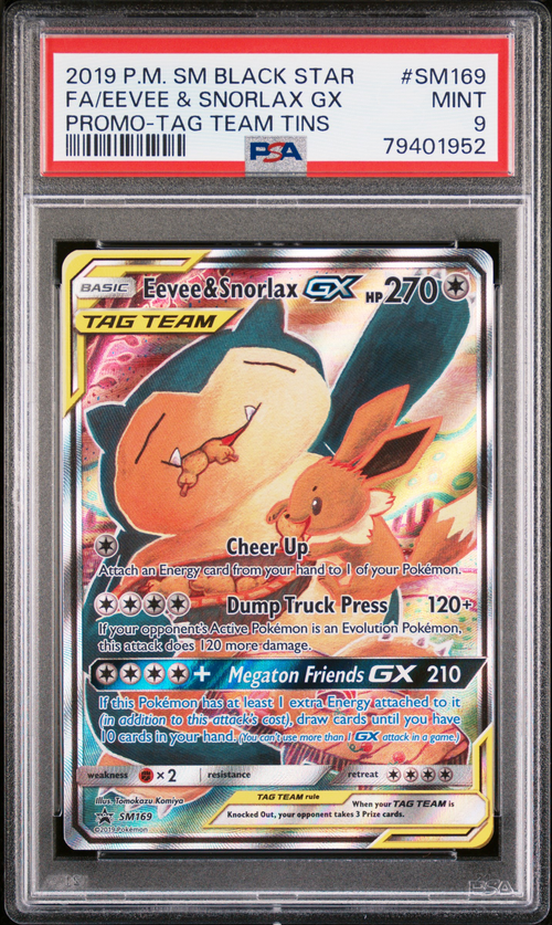 2018 Pokemon Japanese Sm Promo 297 Fa/Eevee & Snrlx.Gx Tag Bolt Boost.Box Camp. - PSA 9