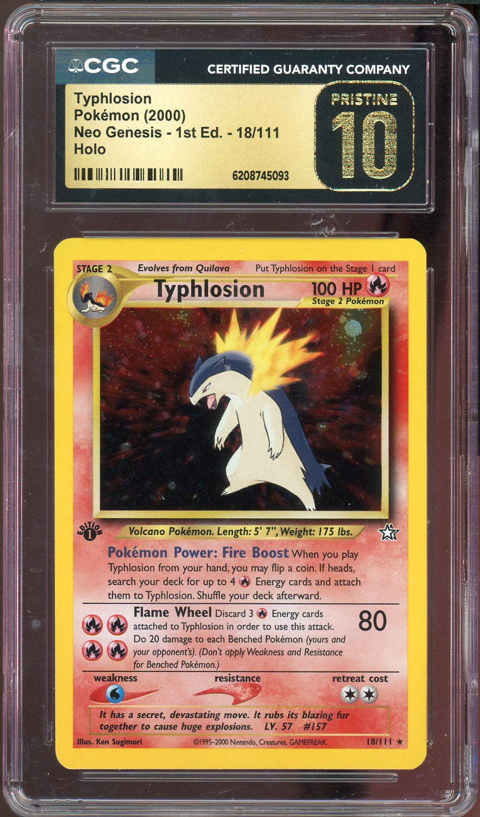 CGC PRISTINE 10 TYPHLOSION 1ST EDITION HOLO NEO GENESIS
