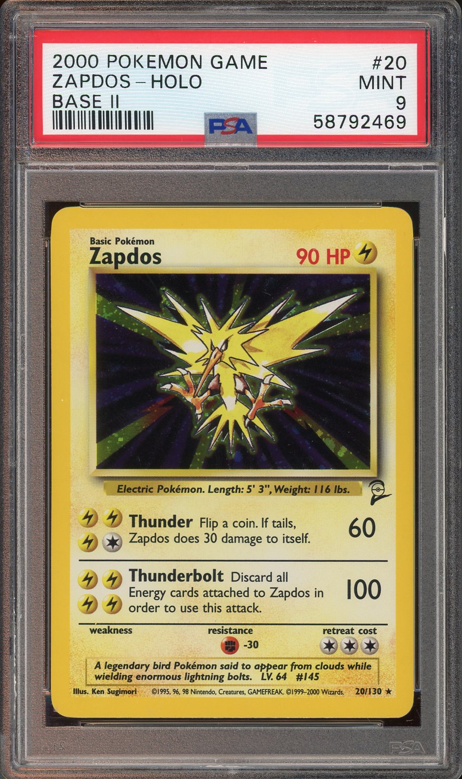 PSA 9 ZAPDOS HOLO BASE SET 2