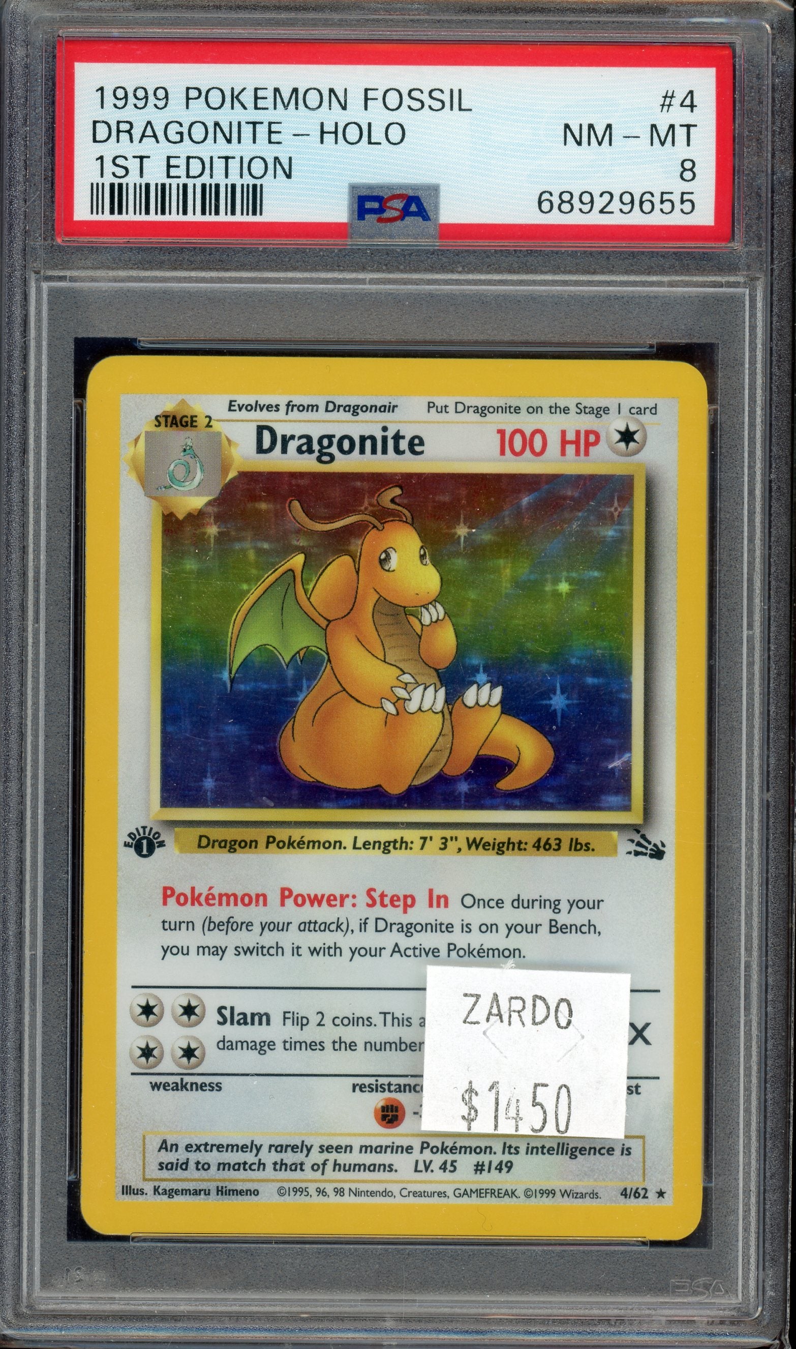 PSA 8 DRAGONITE - HOLO 1ST EDITION FOSSIL