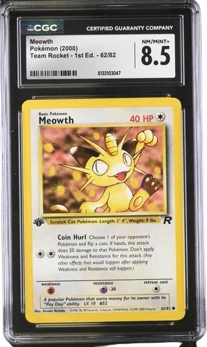 CGC 8.5 MEOWTH TEAM ROCKET 1ST ED. MINOR MISCUT