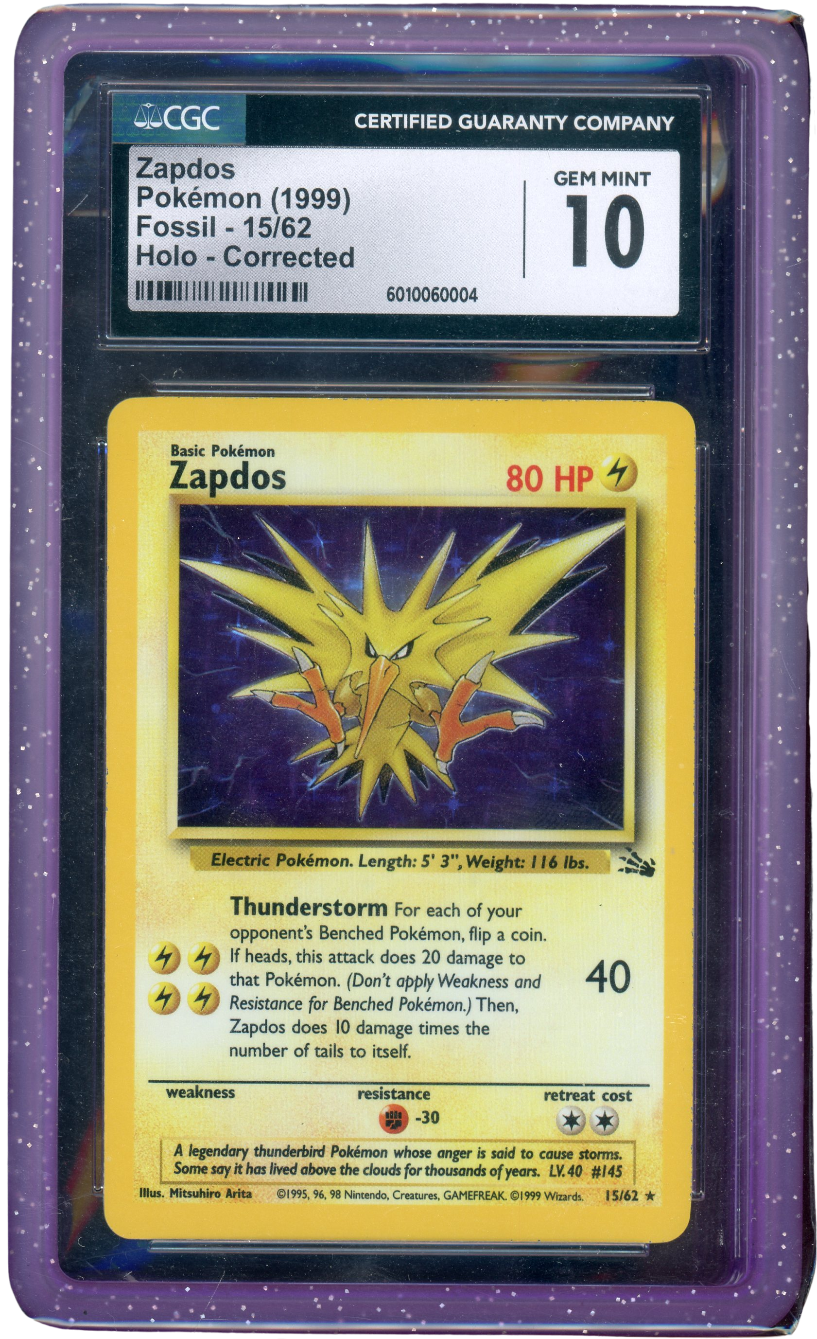 CGC 10 ZAPDOS FOSSIL HOLO CORRECTED