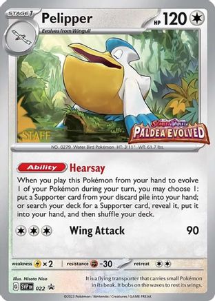Pelipper (Prerelease) [Staff] (22) - SV Scarlet & Violet Promo Cards Holofoil