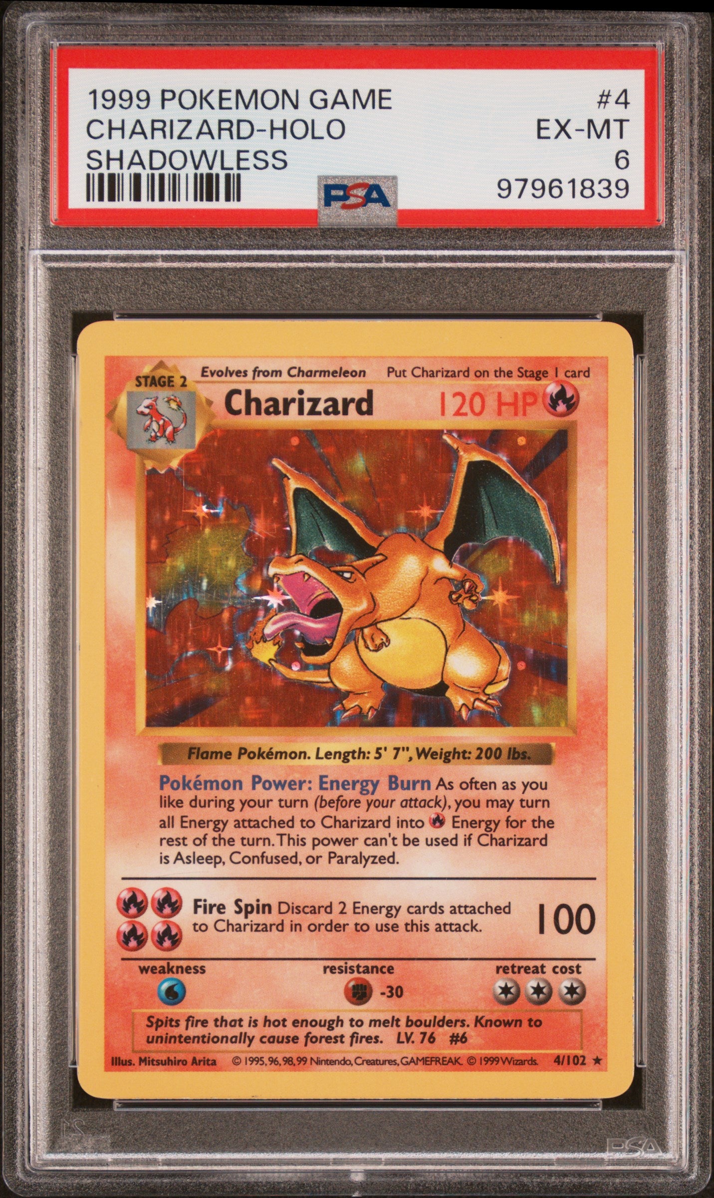 PSA 6 CHARIZARD-HOLO SHADOWLESS