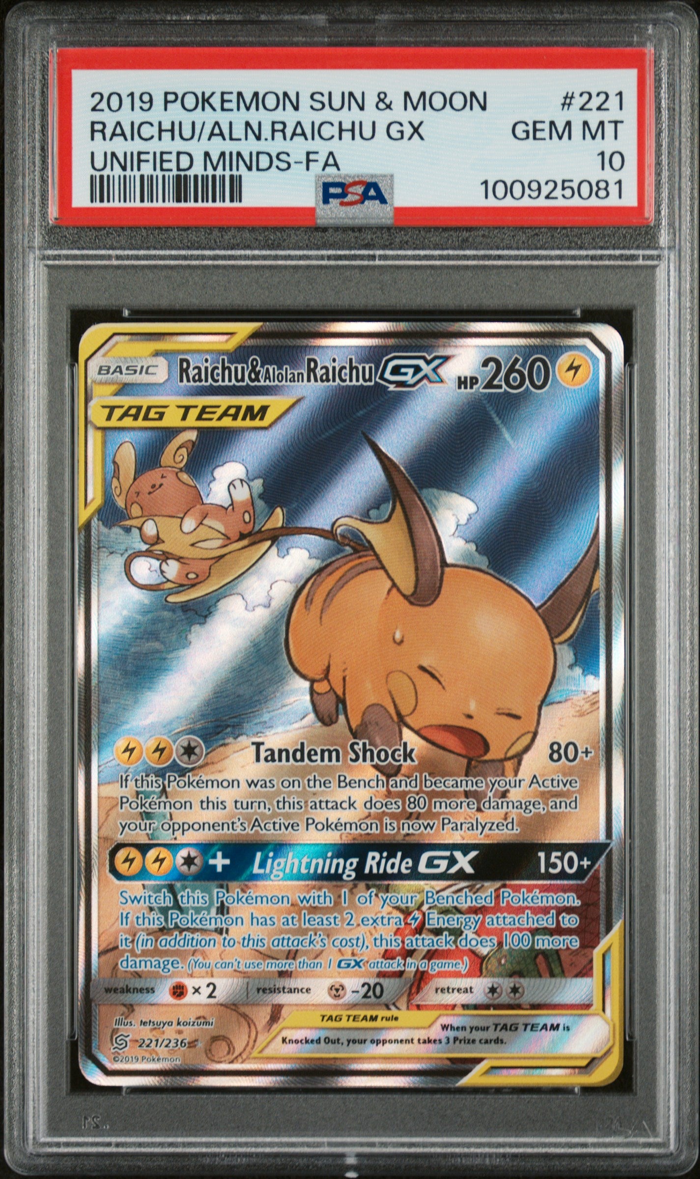 PSA 10 RAICHU/ALN.RAICHU GX UNIFIED MINDS-FA