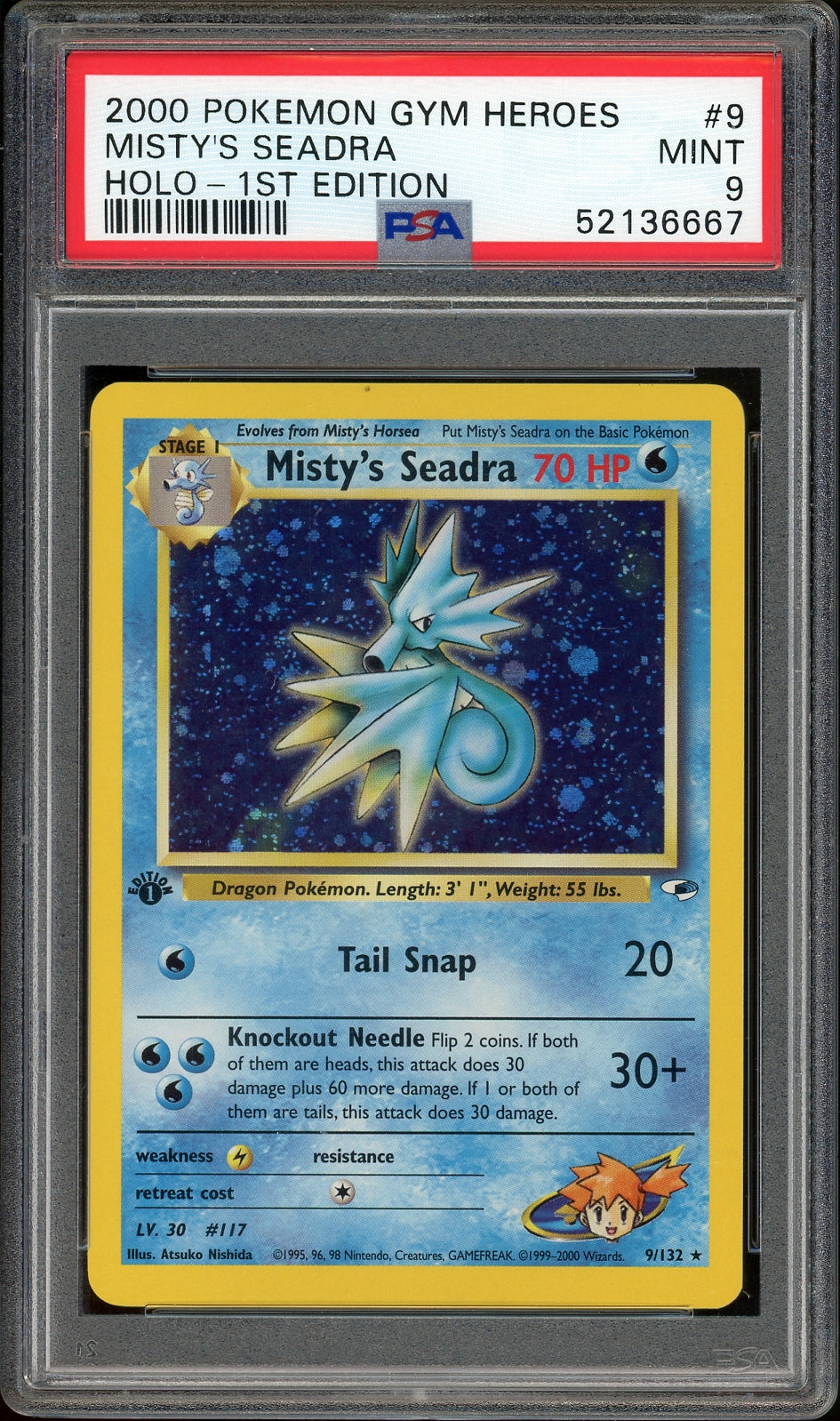 PSA 9 MISTY'S SEADRA HOLO GYM HEROES 1ST EDITION