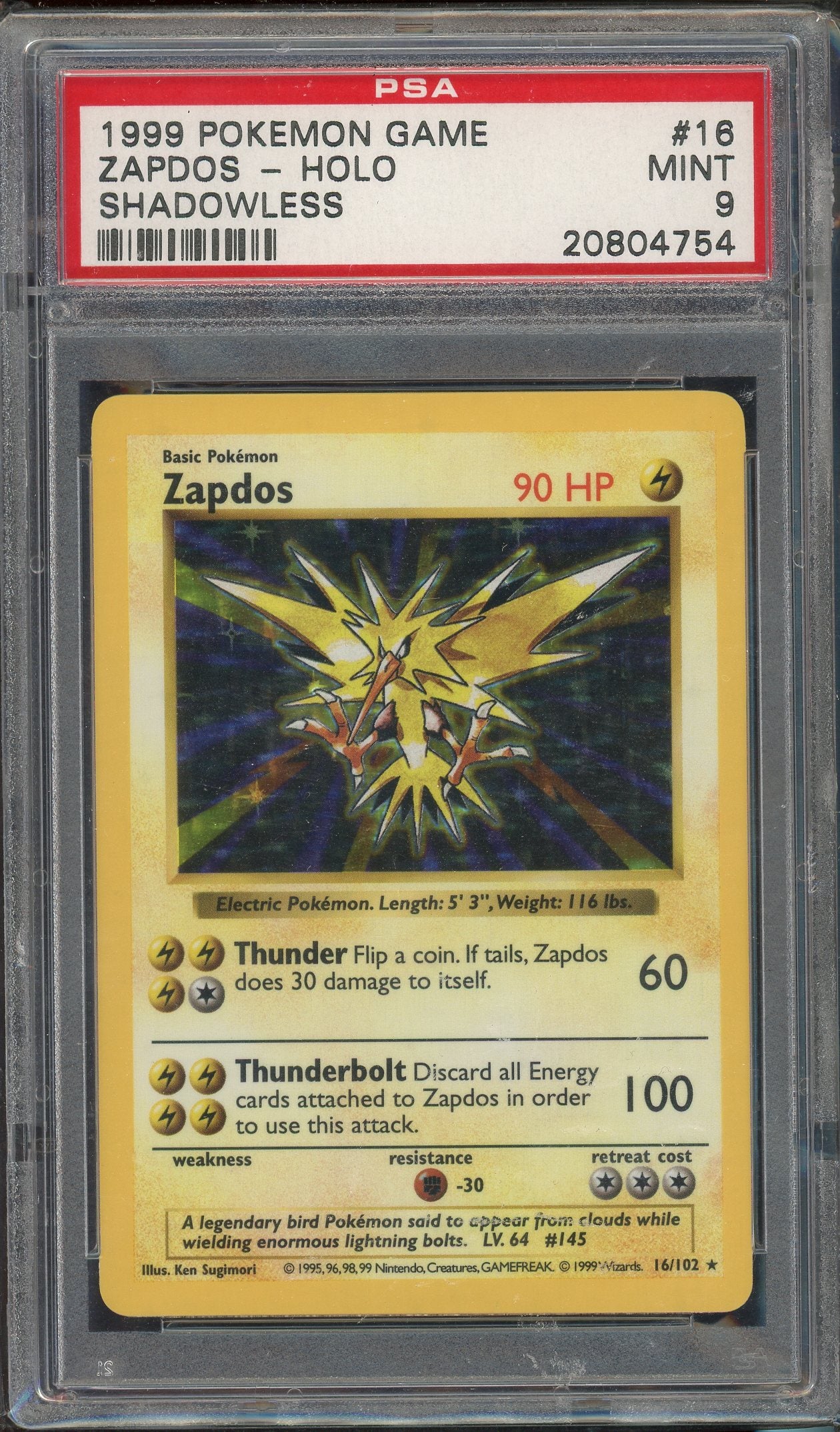 PSA 9 ZAPDOS-HOLO SHADOWLESS