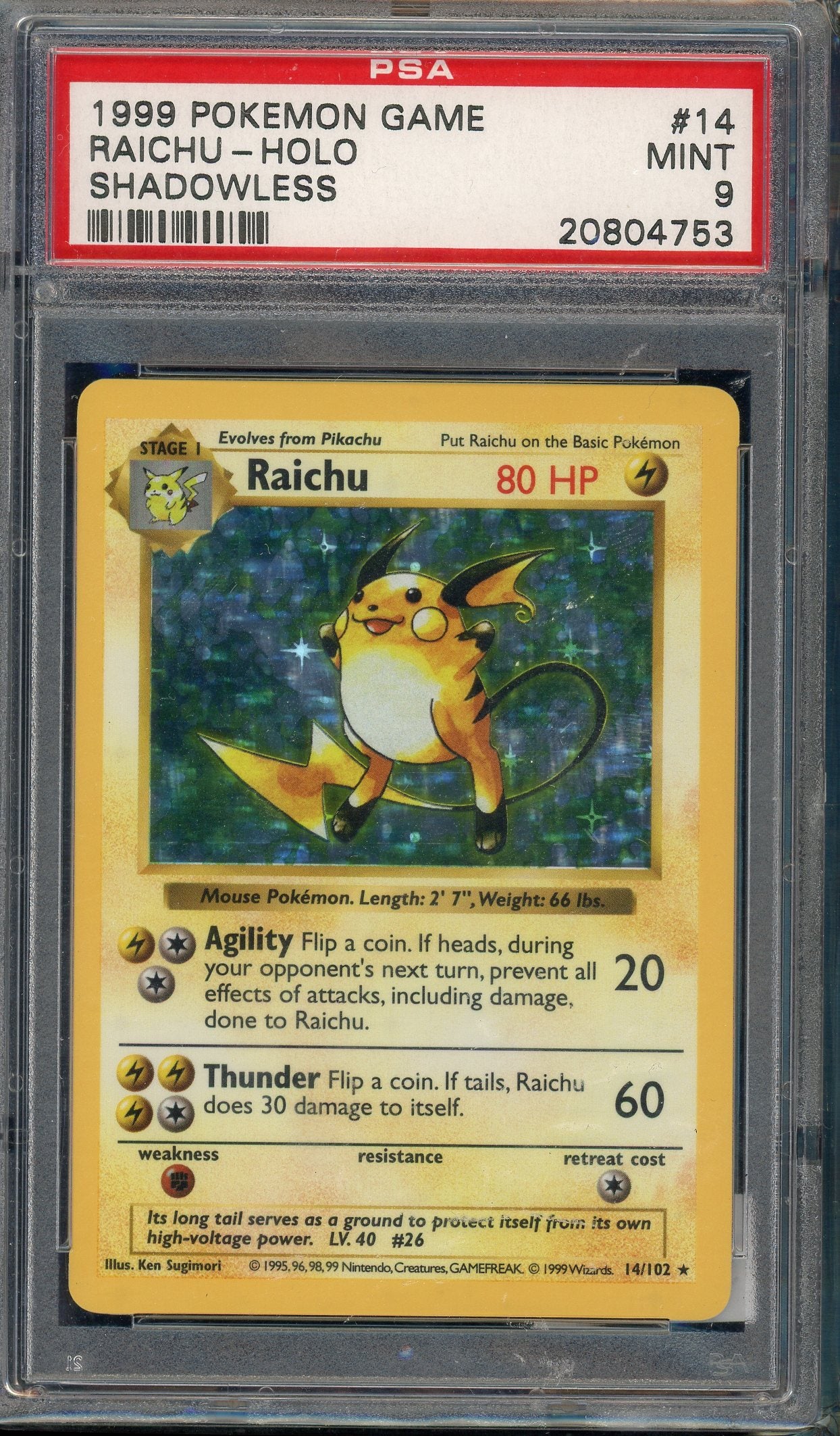 PSA 9 RAICHU-HOLO SHADOWLESS