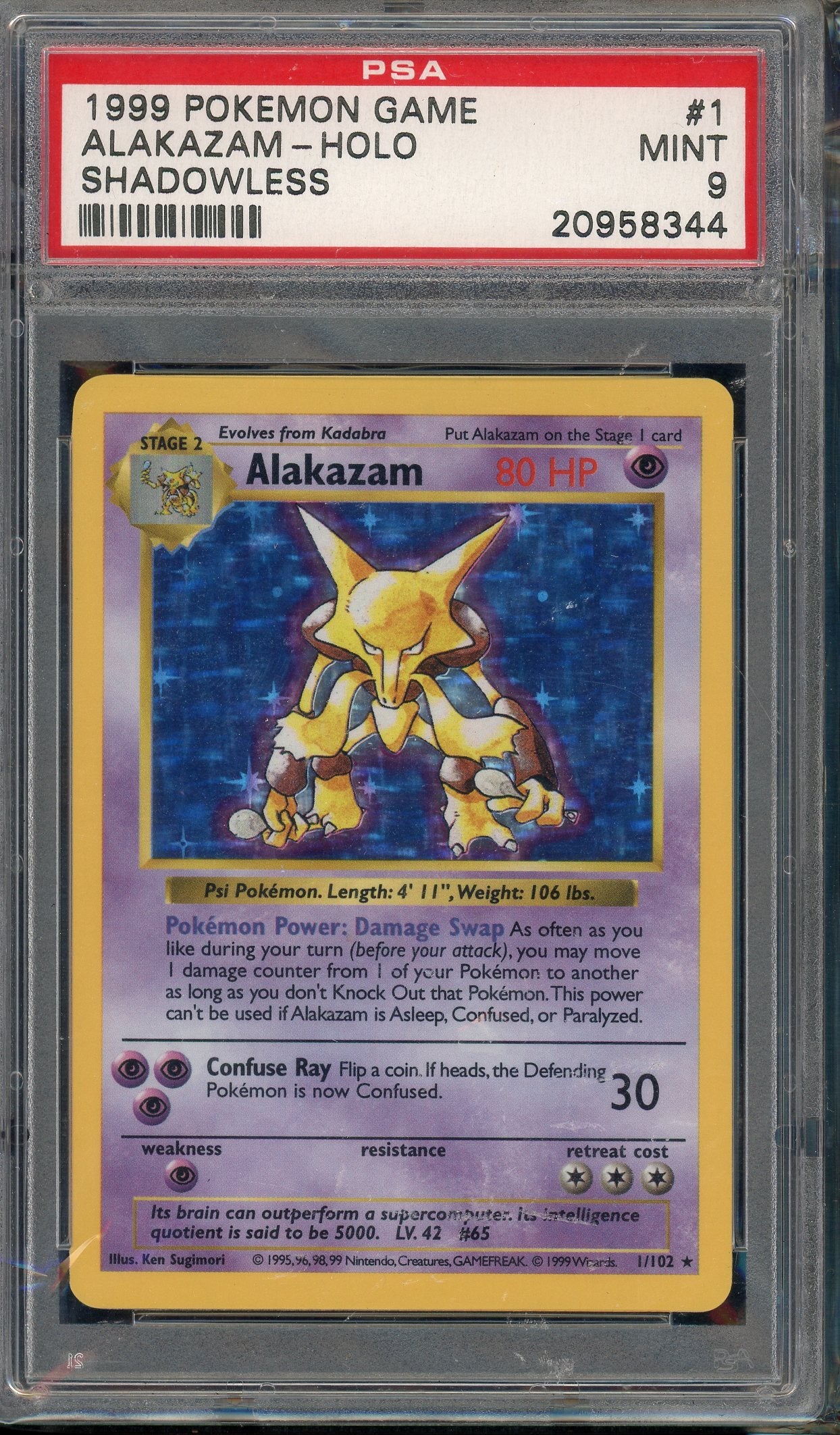 PSA 9 ALAKAZAM-HOLO SHADOWLESS