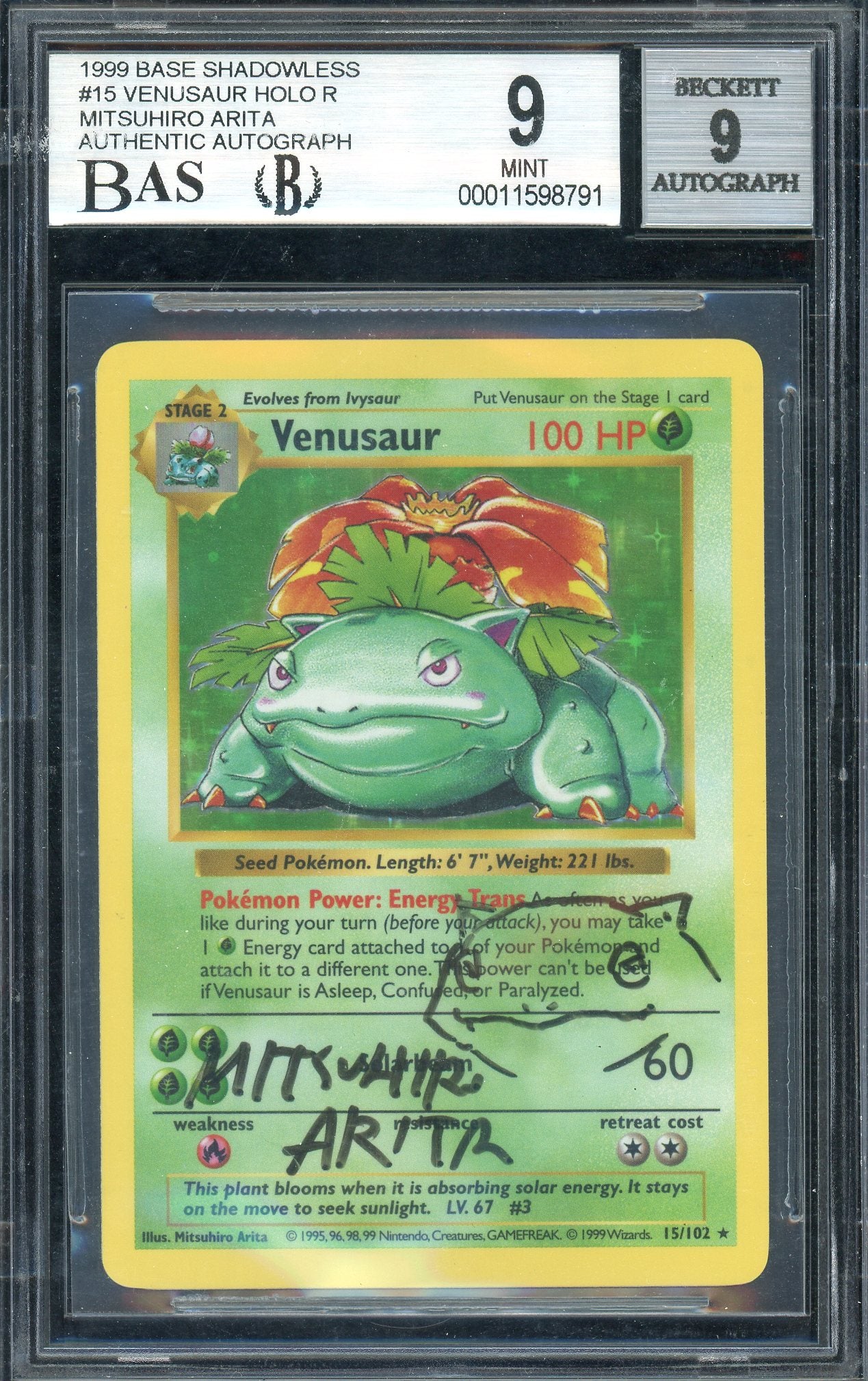 BECKETT 9 VENUSAUR HOLO R MITSUHIRO ARITA AUTHENTIC AUTOGRAPH (SHADOWLESS)