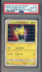 PSA 10 PRTND. BOSS PIKACHU T.R.-TM.RNBW.RCKT'S AMBTN.