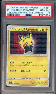 PSA 10 PRTND. BOSS PIKACHU T.R.-TM.RNBW.RCKT'S AMBTN.