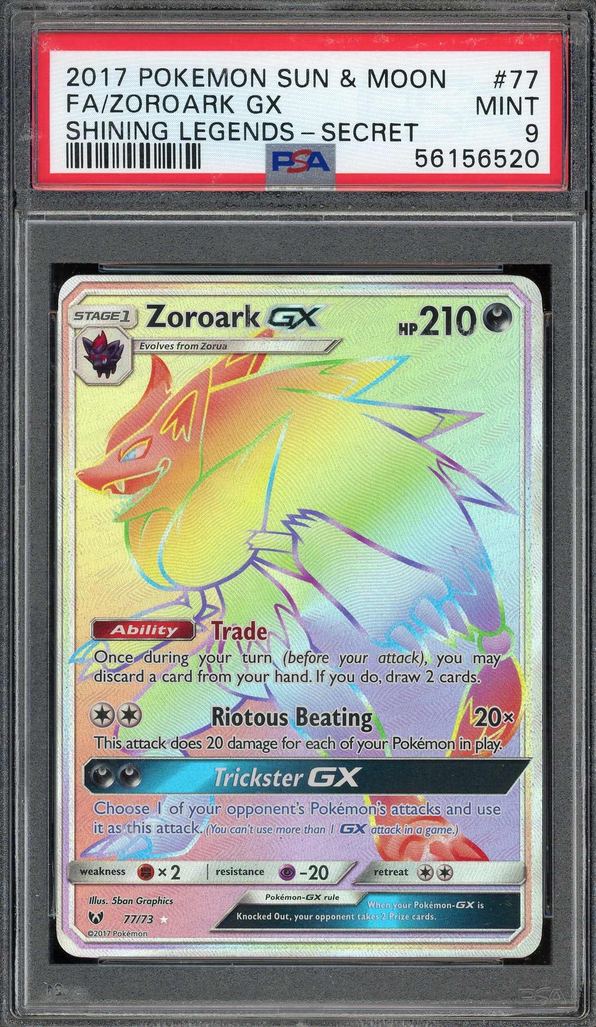 PSA 9 FA/ZOROARK GX SHINING LEGENDS-SECRET