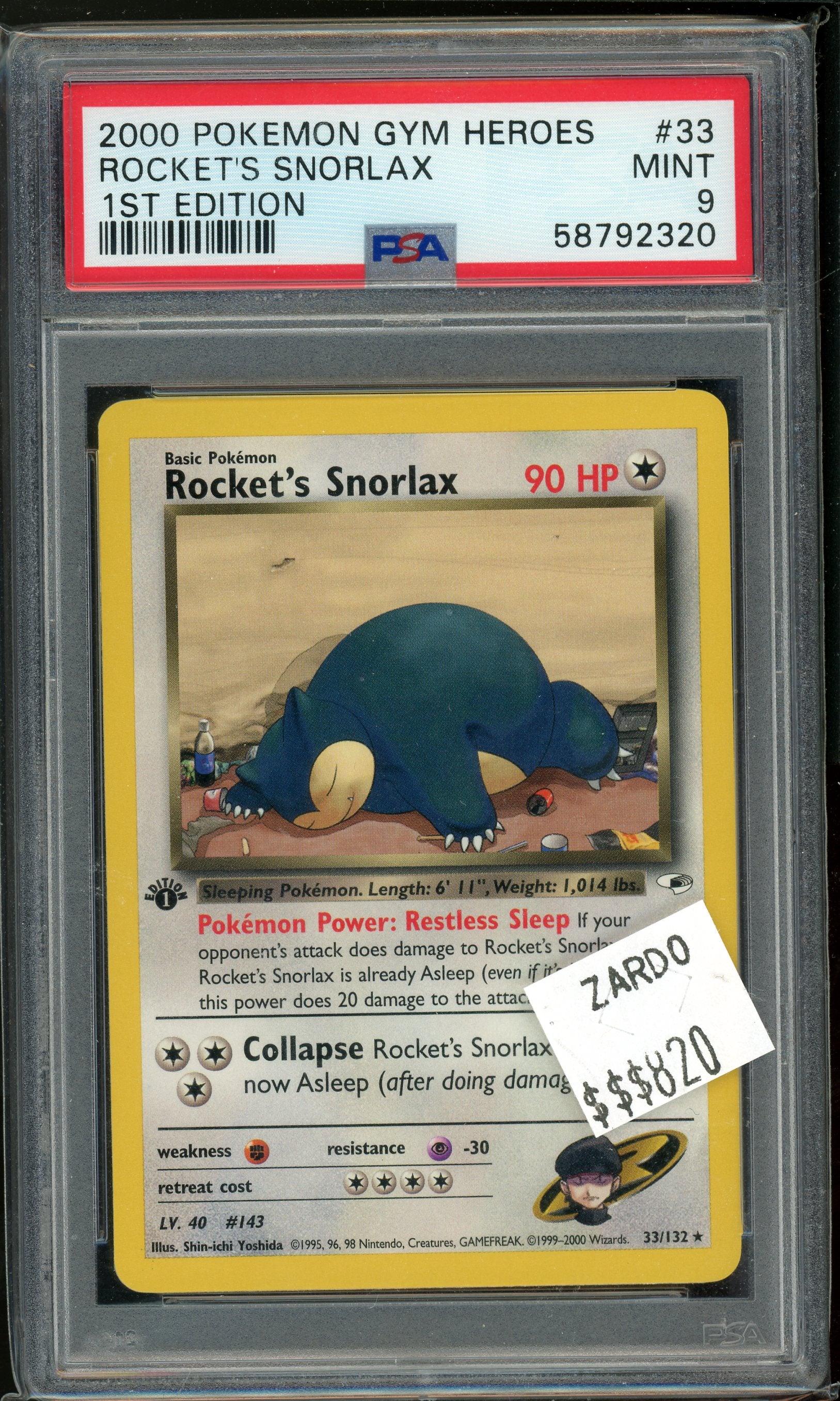 PSA 9 ROCKET'S SNORLAX 1ST EDITION