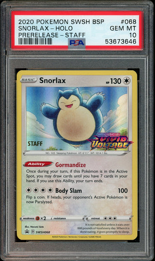 PSA 10 SNORLAX PRERELEASE STAFF VIVID VOLTAGE