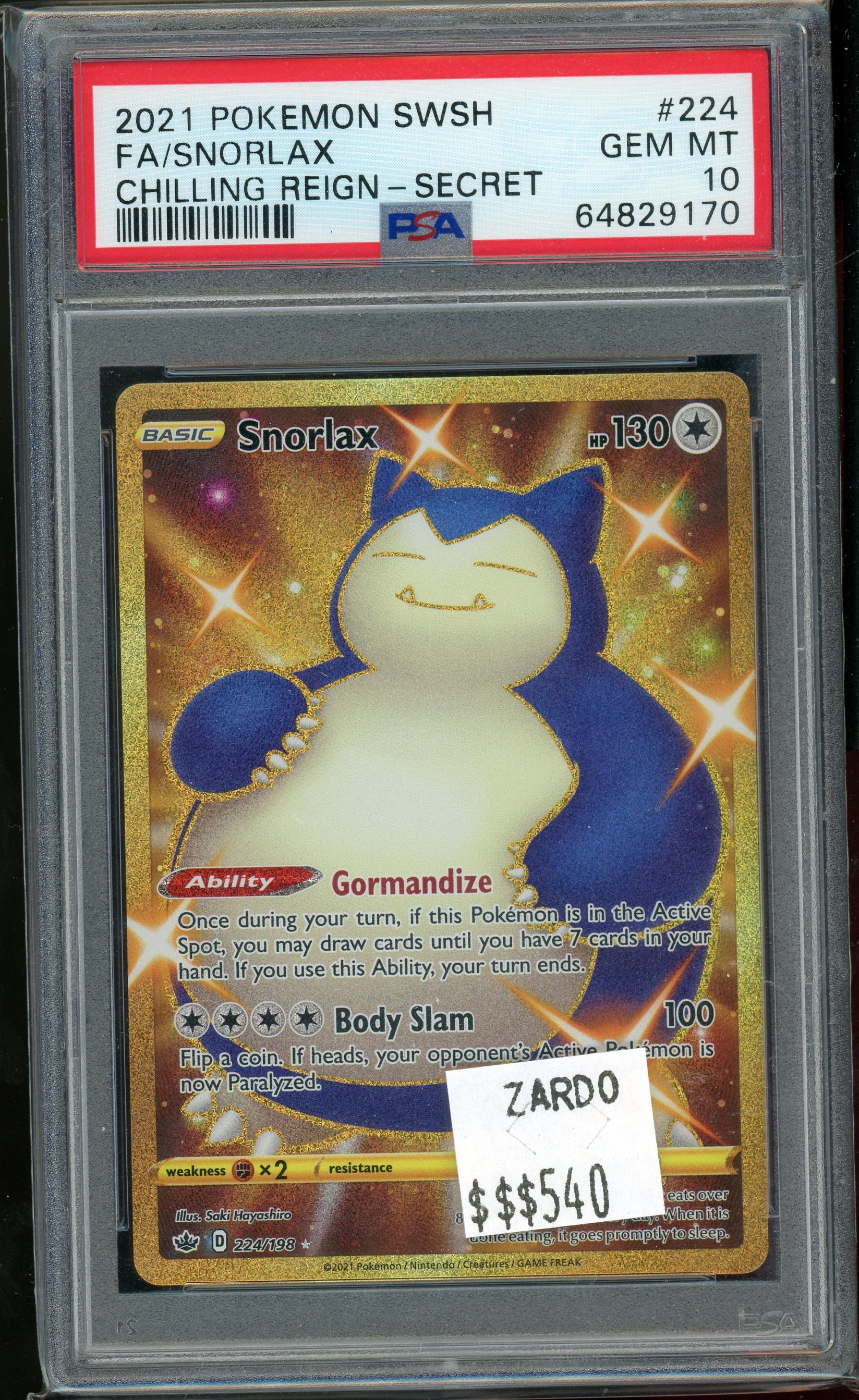 PSA 10 FA/SNORLAX CHILLING REIGN-SECRET